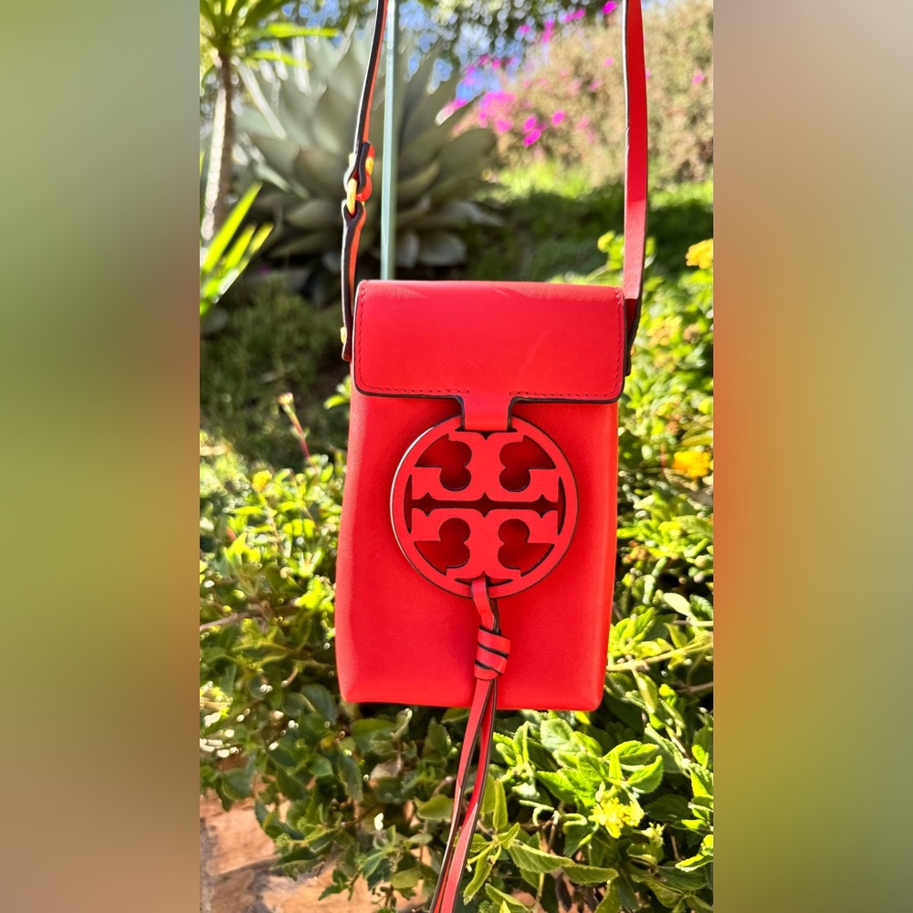 Tory Burch Miller Red Leather Phone Crossbody with Huge Logo & Tassel